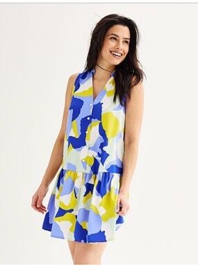 Nine West Multicolor Abstract Print Dress in Blue and Yellow